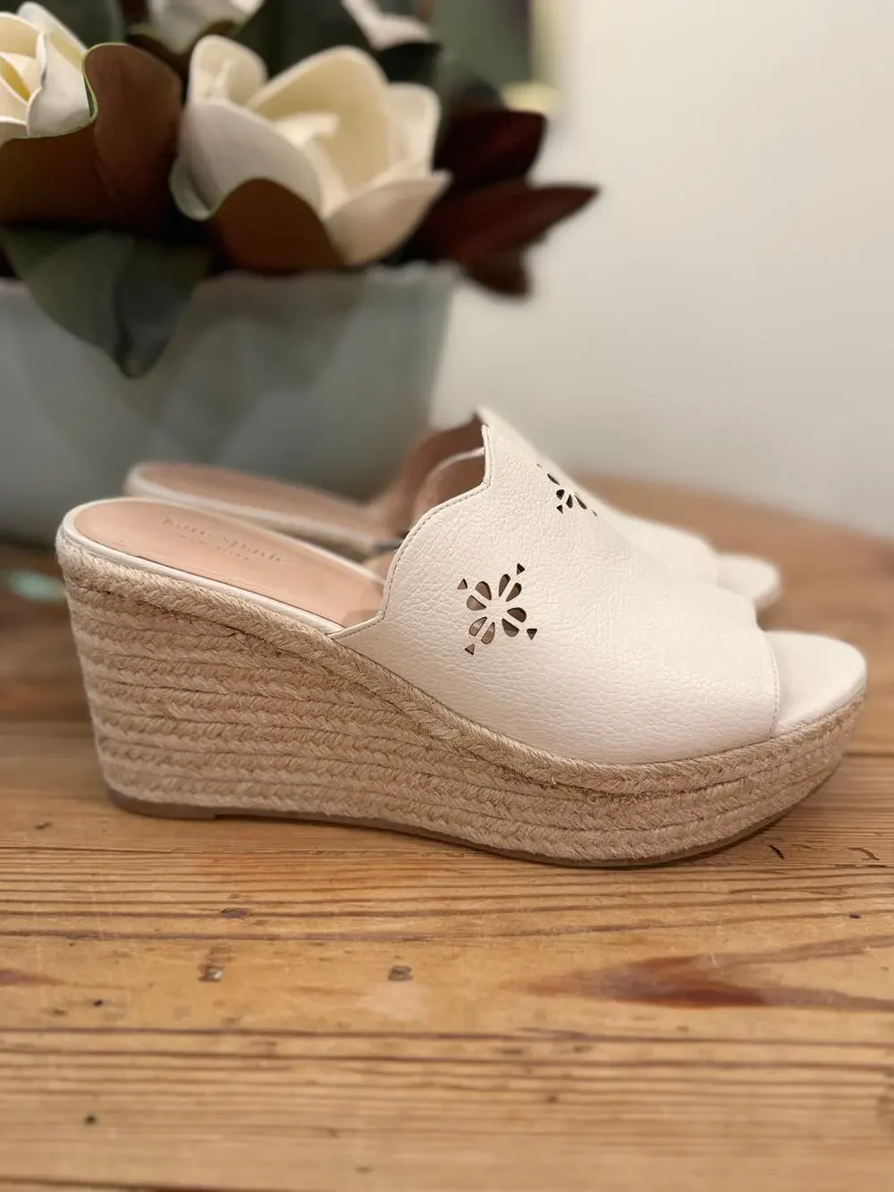 Kate Spade White Leather Espadrille Wedge Slide Sandals Laser Cut Size 10M